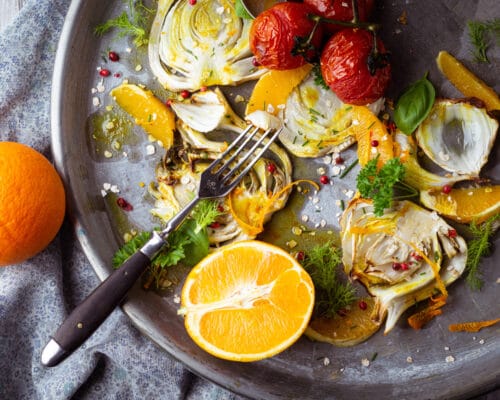 fennel and oranges served on a plate, top view, traditional Medi