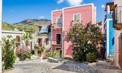 Lipari colorful old town streets. Sicily, Italy touristic places.